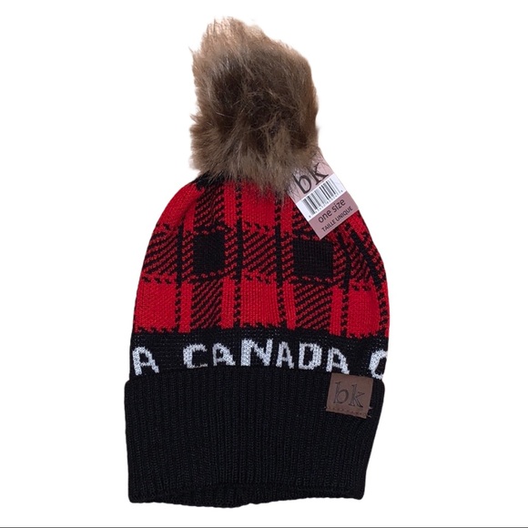 NWT BK Canada Plaid Red & Black Winter Hat Toque - Picture 1 of 4